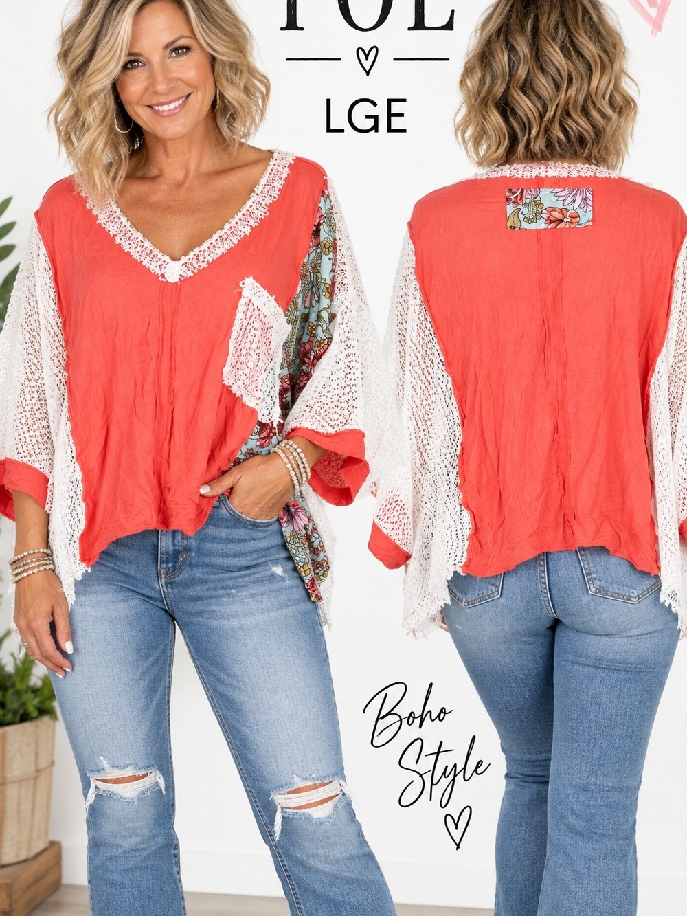POL Coral Boho V-Neck Tunic with White Crochet Sleeves